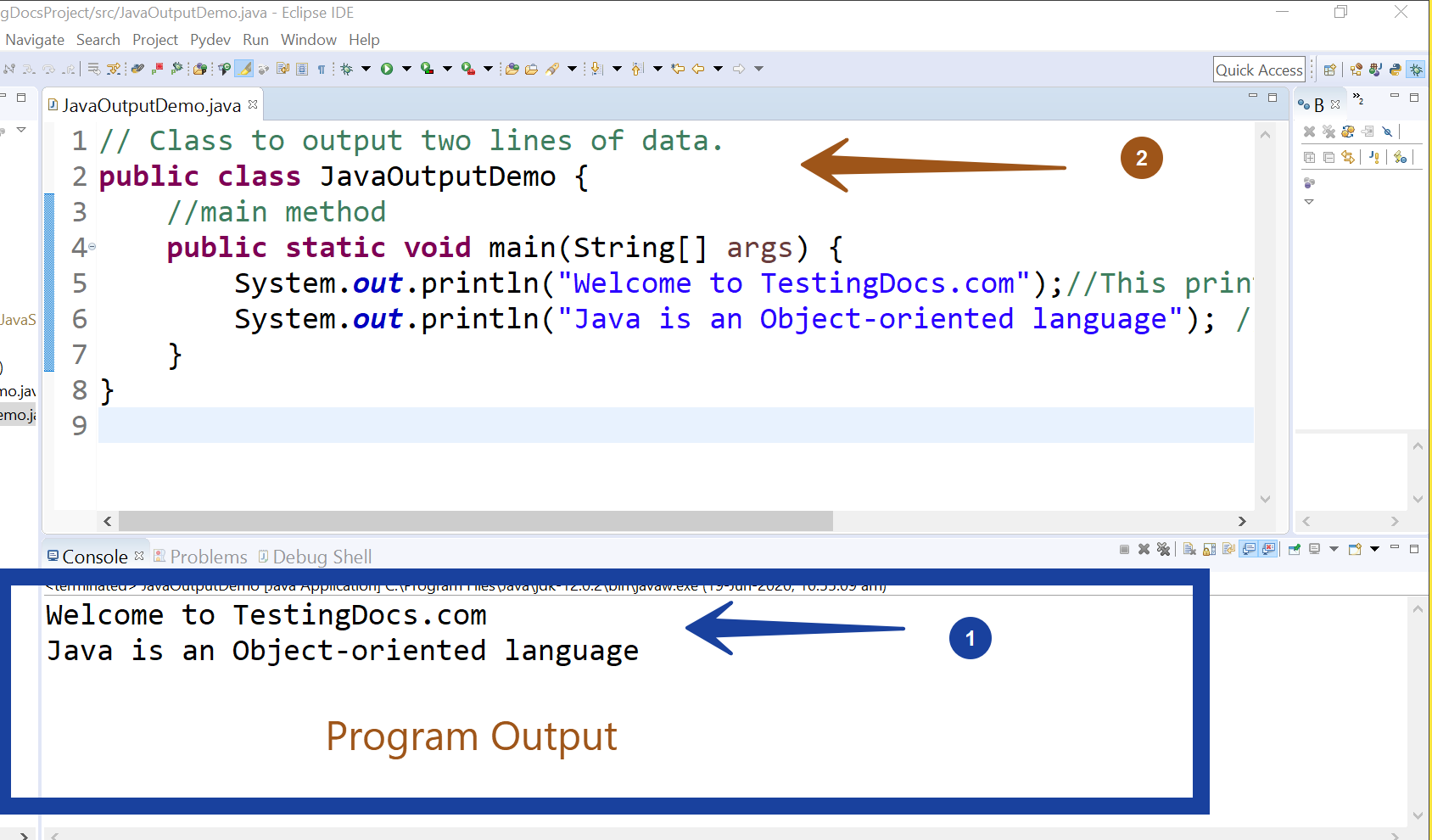 a java program to output two lines TestingDocs.com