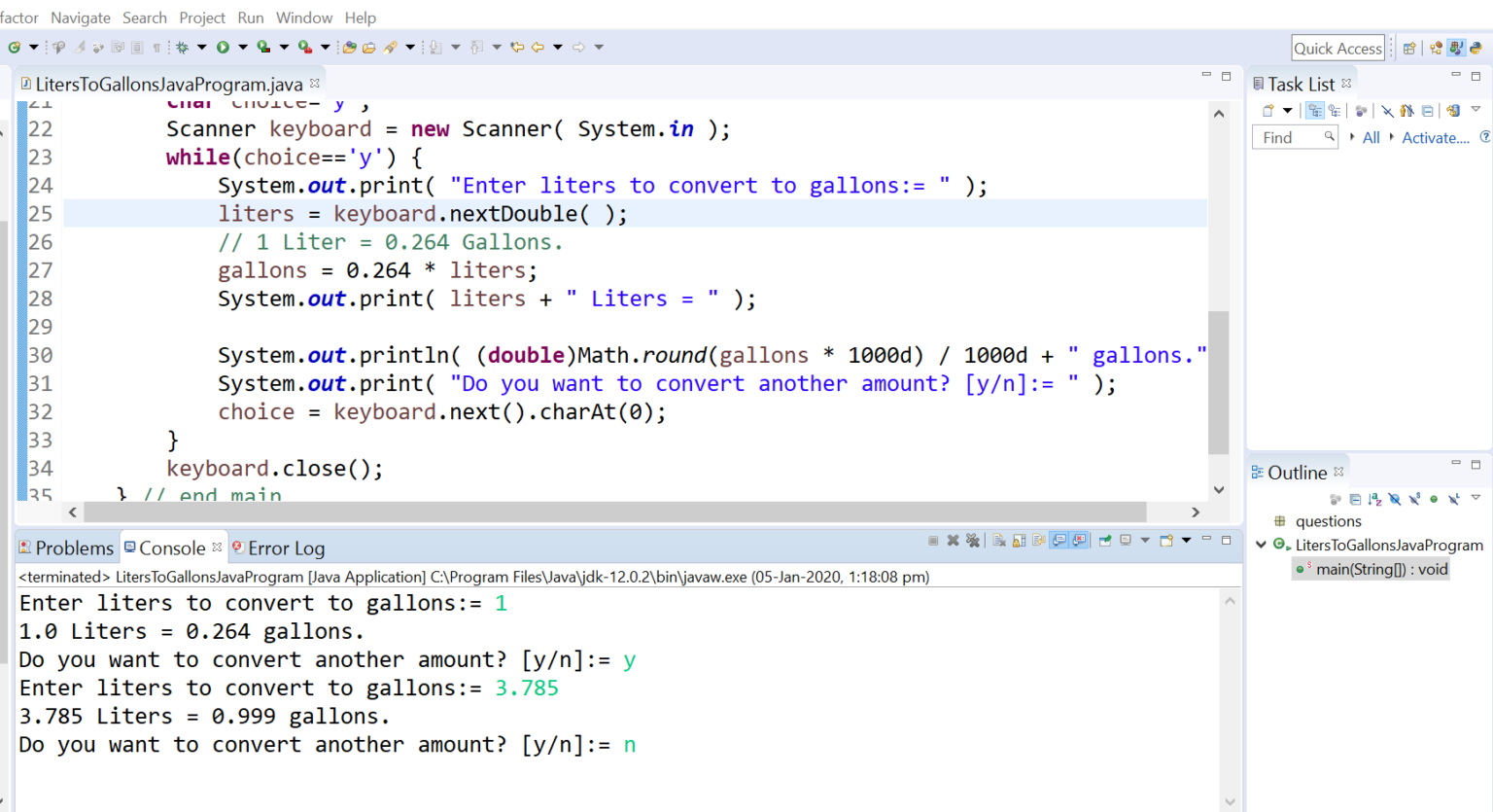 Java program to convert liters to gallons. - TestingDocs.com