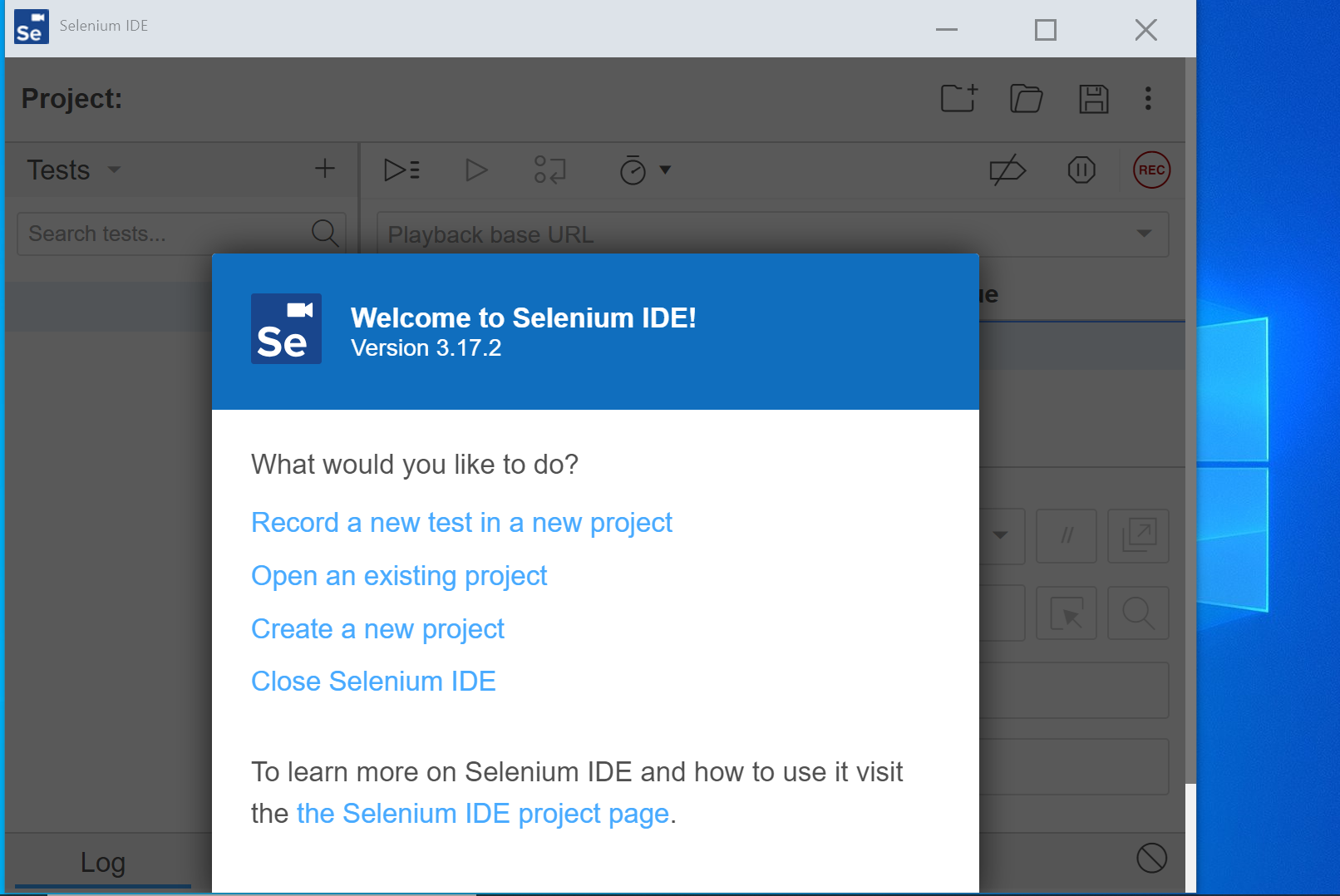 Selenium New Project Screen Chrome