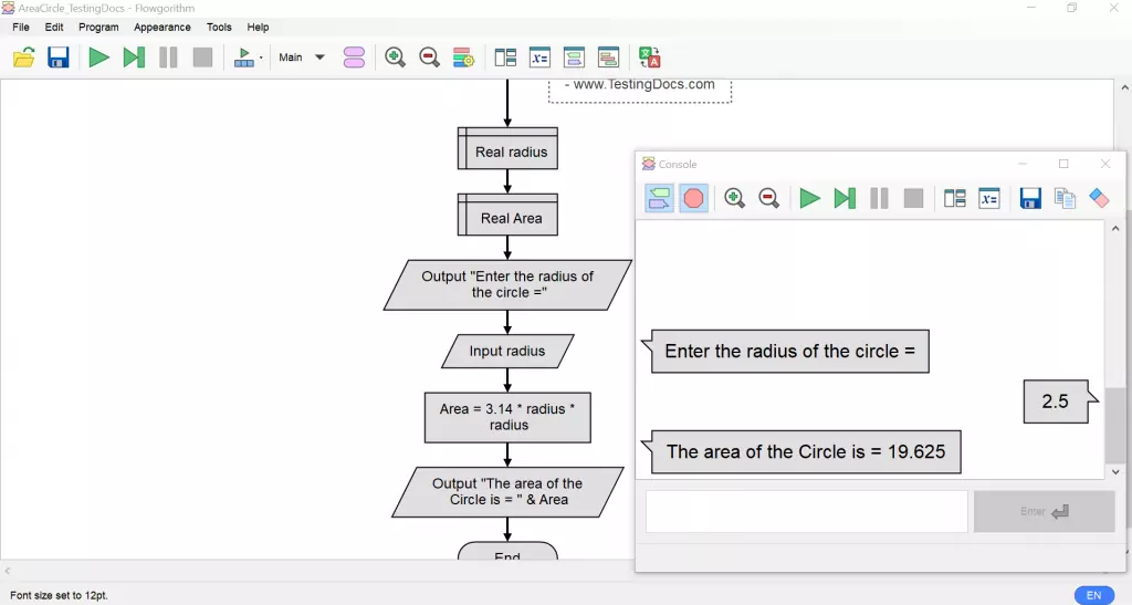 Calculate Area of the Circle Flowgorithm Flowchart - TestingDocs.com