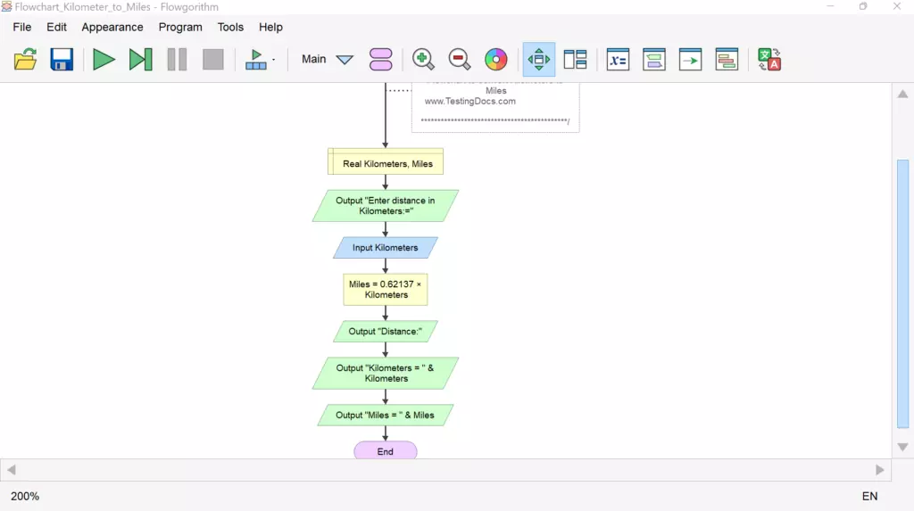 Flowchart Kilometers to Miles | TestingDocs.com