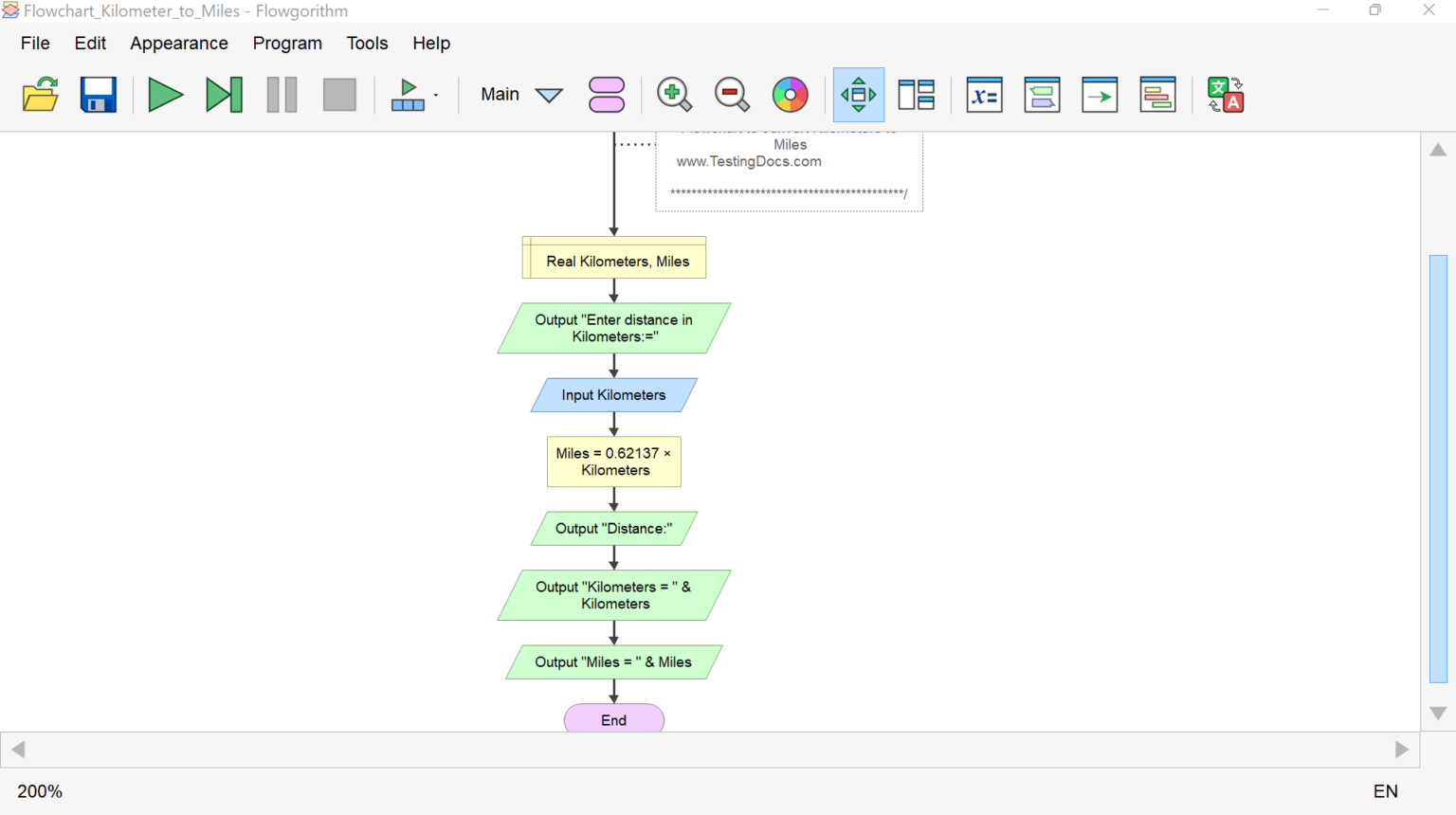 Flowchart Kilometers to Miles - TestingDocs.com