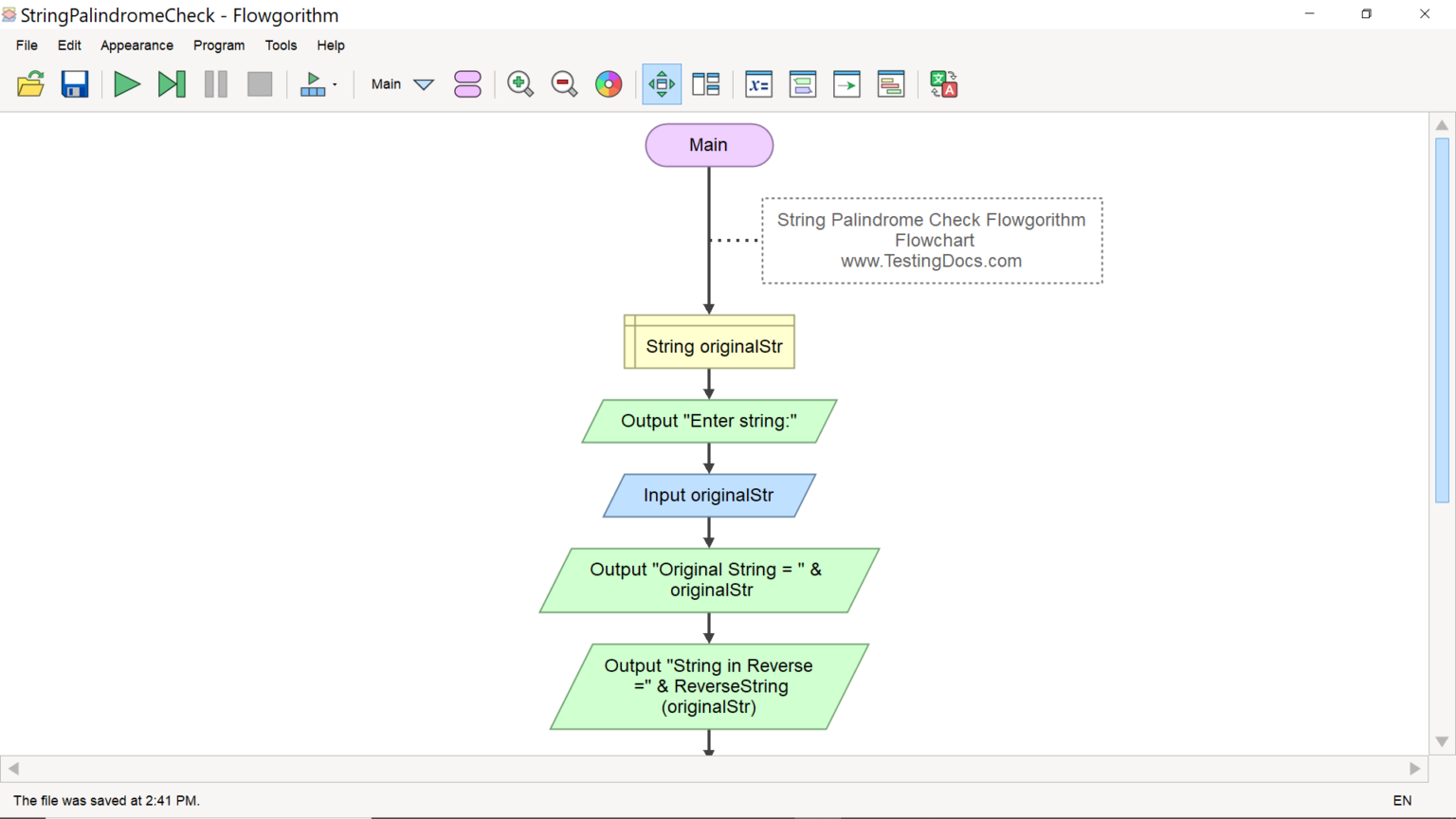 Palindrome String Flowchart | TestingDocs.com